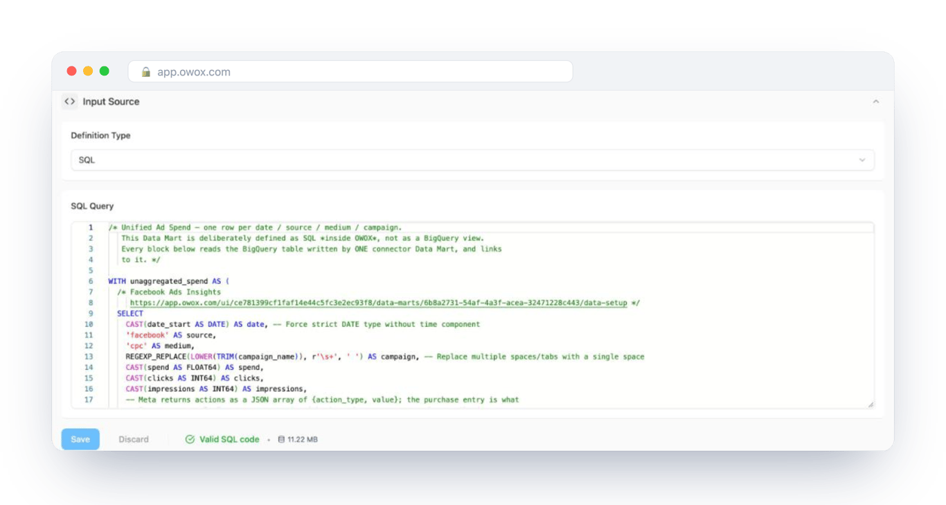 The SQL definition of the Unified Ad Spend Data Mart in OWOX Data Marts, with each block commented with the connector Data Mart it reads – one grain for seven ad platforms, written once by an analyst