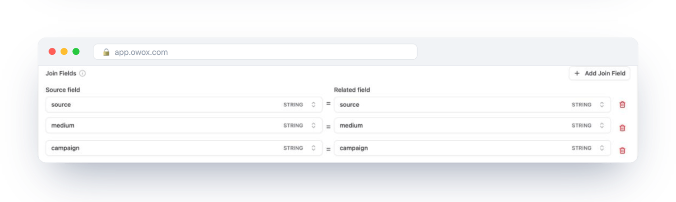 Join settings between the Unified Ad Spend and Traffic Sources Data Marts in OWOX Data Marts: source, medium and campaign matched field to field – a declared join an AI uses instead of guessing one