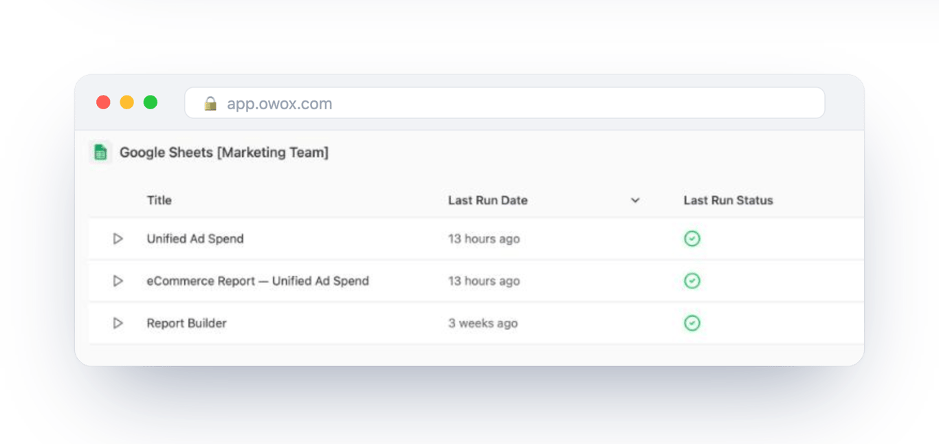 Reports on the Unified Ad Spend Data Mart in a Google Sheets destination in OWOX Data Marts, each with its last run date and a successful status