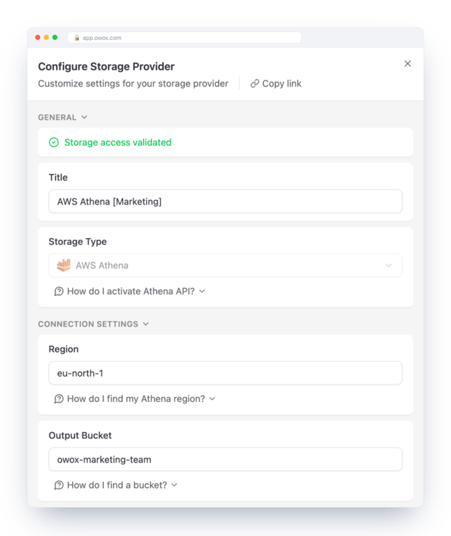 Storage settings of an AWS Athena storage in OWOX Data Marts with the title, region and output bucket and a “Storage access validated” message – the connection check that runs before a Data Mart can be published