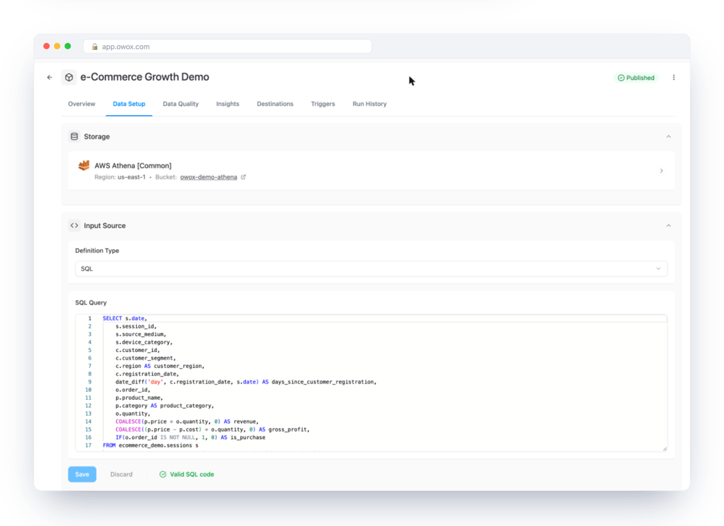 Data Setup of a SQL Data Mart on an AWS Athena storage in OWOX Data Marts, with a query joining sessions, customers, orders and products and a “Valid SQL code” check – the analyst’s SQL, saved once