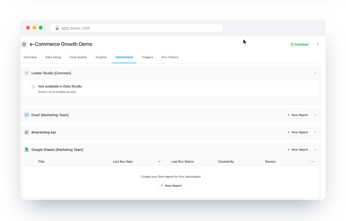 Destinations tab of an Athena Data Mart in OWOX Data Marts listing Data Studio, Email, Slack and Google Sheets destinations, with a New Report button on the Google Sheets one – the same definition can feed several destinations
