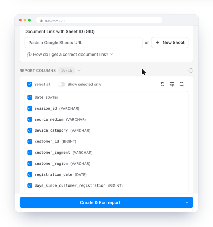 New report form for a Google Sheets destination on an Athena Data Mart in OWOX Data Marts, with the document link field, a New Sheet button and the report columns with their Athena types – a report is a choice of columns from one definition