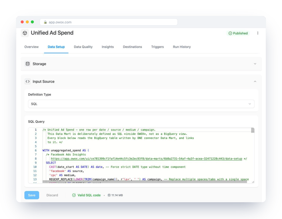 Data Setup tab of the Unified Ad Spend Data Mart in OWOX Data Marts, defined as SQL on Google BigQuery, validated, with its scan size shown – the casts are written once, with a comment on why