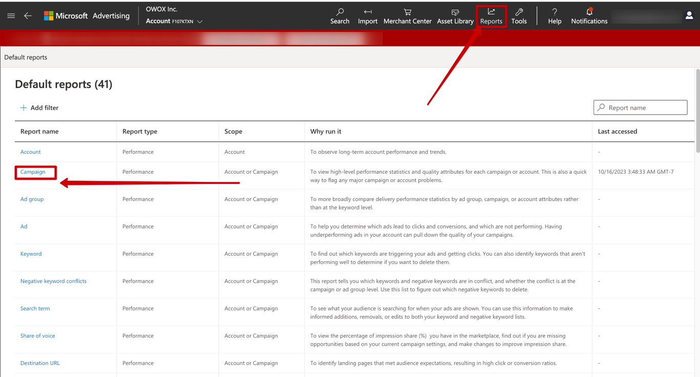 Microsoft Advertising Default reports list with the Campaign report marked. This report holds spend, clicks and impressions per campaign.