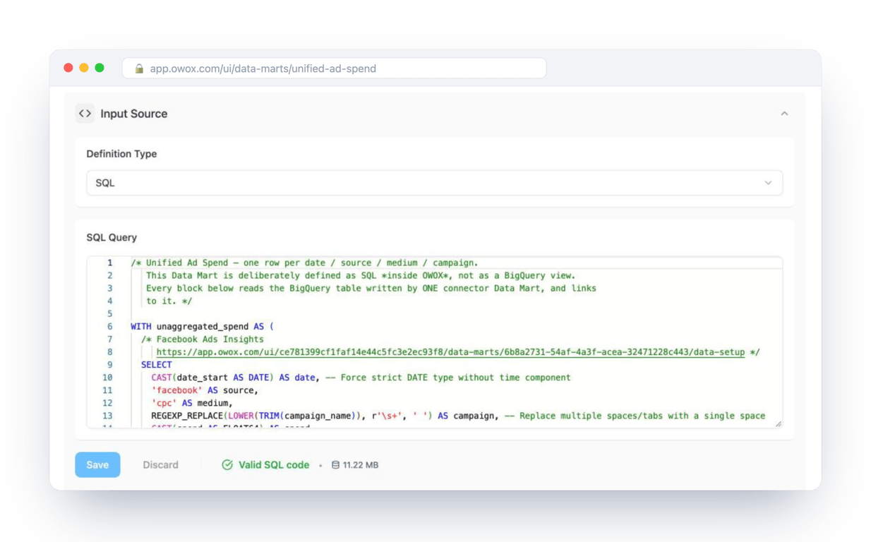 The SQL definition of the Unified Ad Spend Data Mart in OWOX Data Marts, written and commented by an analyst – the one place where the spend side of CAC is defined, which every report then reads.