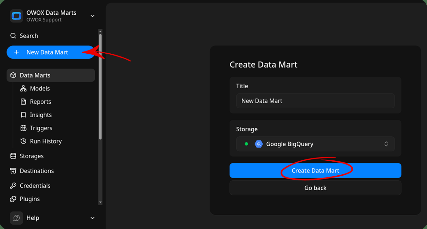 The Create Data Mart form in OWOX Data Marts with a title and a Google BigQuery storage selected