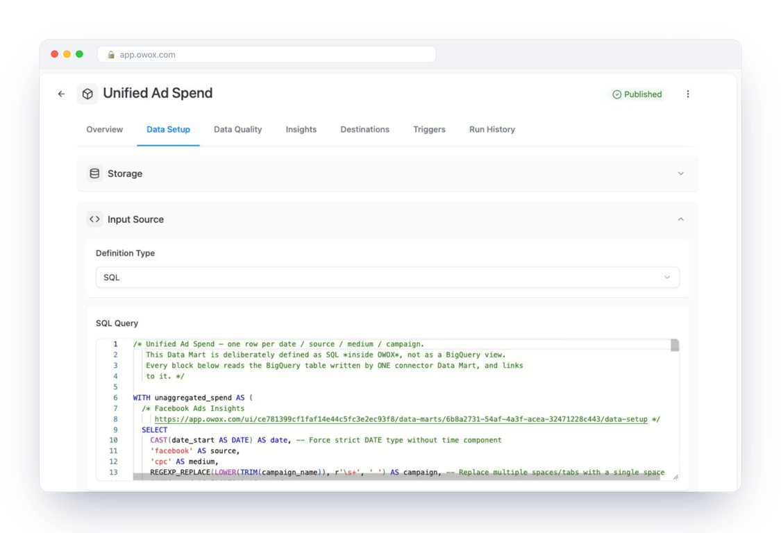 Data Setup of the Unified Ad Spend Data Mart in OWOX Data Marts, showing the SQL definition with a commented block per ad platform – the governed join an analyst wrote once and every report reuses