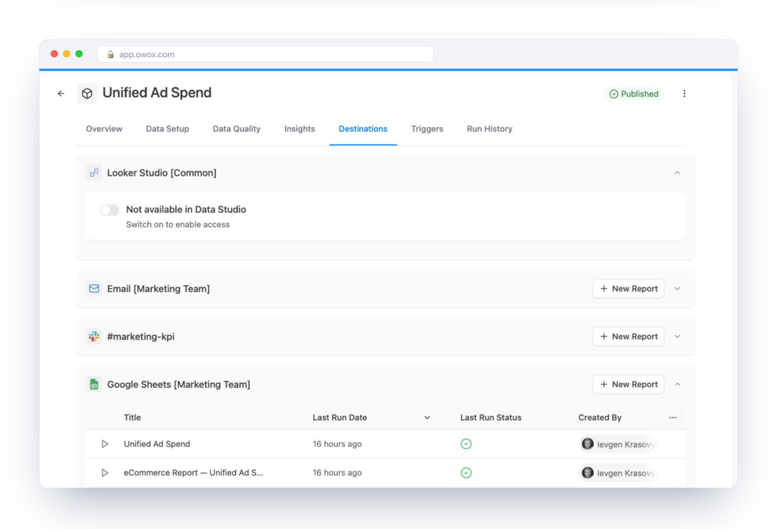 Destinations tab of the Unified Ad Spend Data Mart, listing Google Sheets, Slack, email and Data Studio reports on the same Data Mart – one definition delivered where each team works
