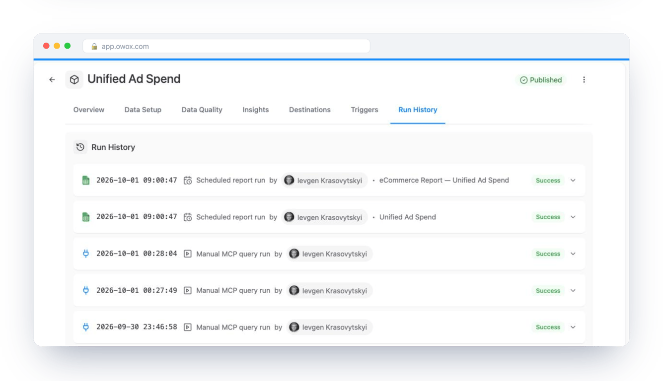 Run History of the Unified Ad Spend Data Mart, listing scheduled report runs and MCP query runs with the user and status of each – the audit trail behind every number the Data Mart produced