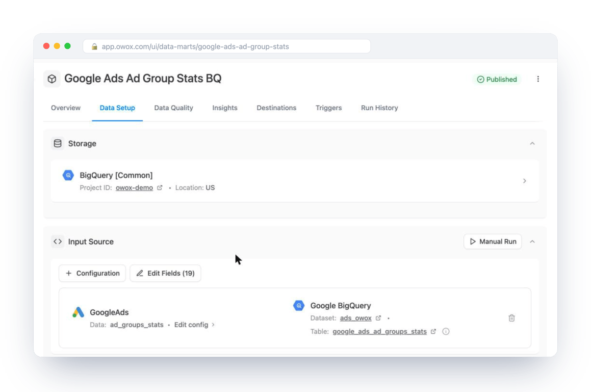 A Google Ads Data Mart in the [Demo] E-commerce project of OWOX Data Marts: the Google Ads connector writes ad group stats, including conversions and conversion value, to a table in the company’s own BigQuery – the Google Ads side of the comparison.