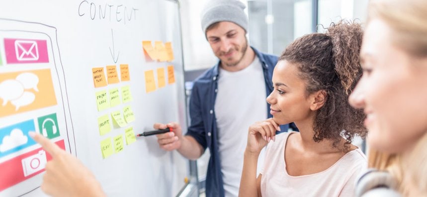 Team planning content with sticky notes on a whiteboard