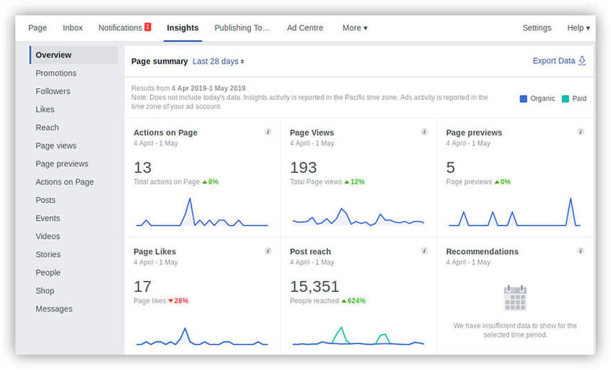 Facebook Insights dashboard displaying key engagement metrics including actions, page views, post reach, and recommendations over 28 days.