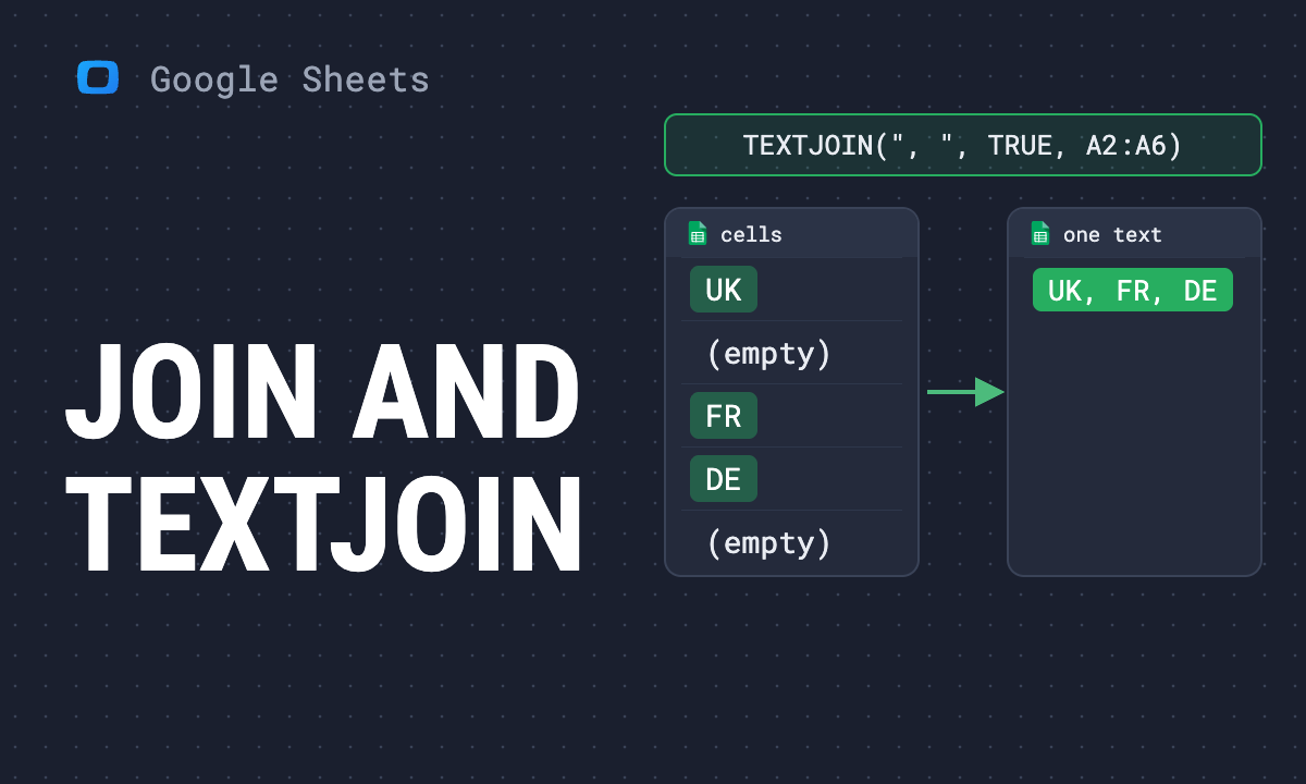 JOIN and TEXTJOIN in Google Sheets: join a range into one cell