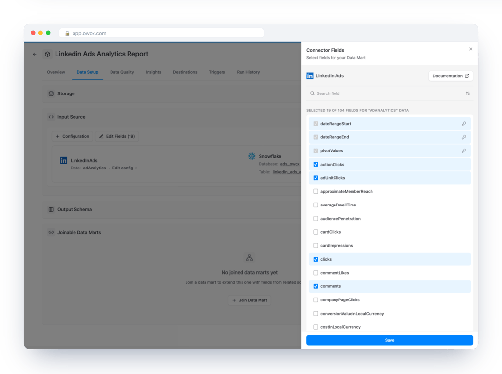 Connector Fields panel for LinkedIn Ads in OWOX Data Marts with 19 of 104 fields selected for the adAnalytics endpoint, and dateRangeStart, dateRangeEnd and pivotValues locked as keys – a row is identified by its date and its pivot values, not by a campaign name