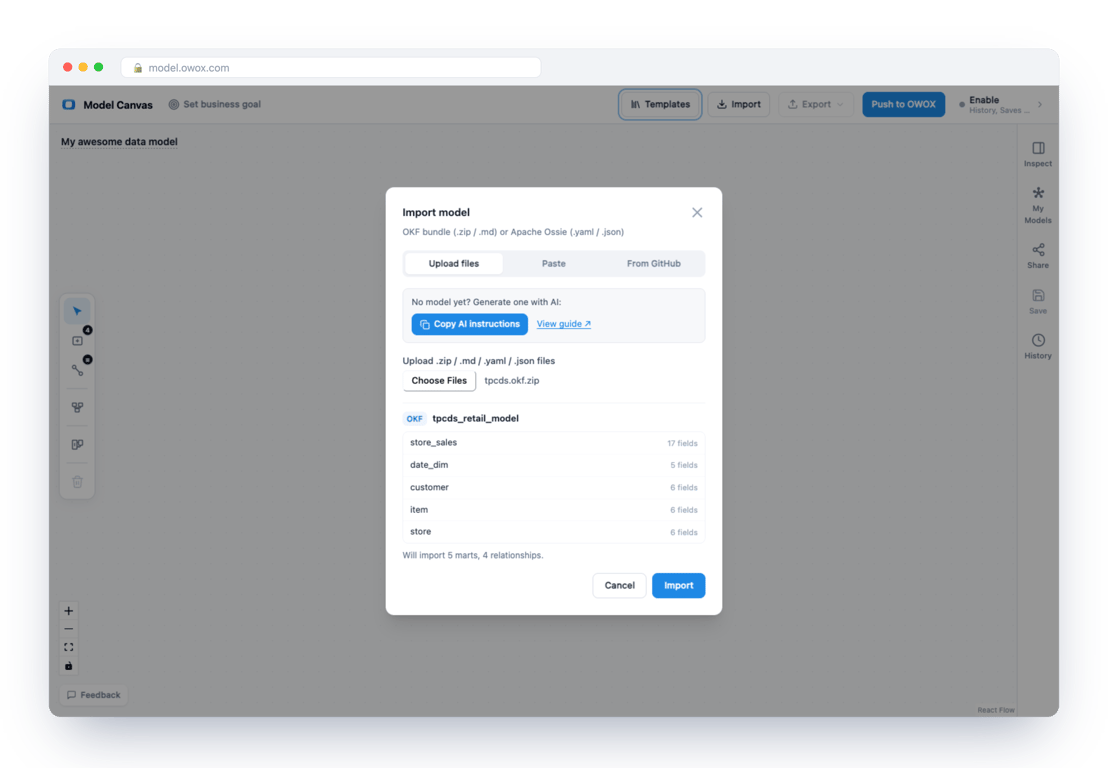 Import dialog showing the OKF bundle exported from the TPC-DS model read back: five datasets, 17 fields on store_sales, four relationships