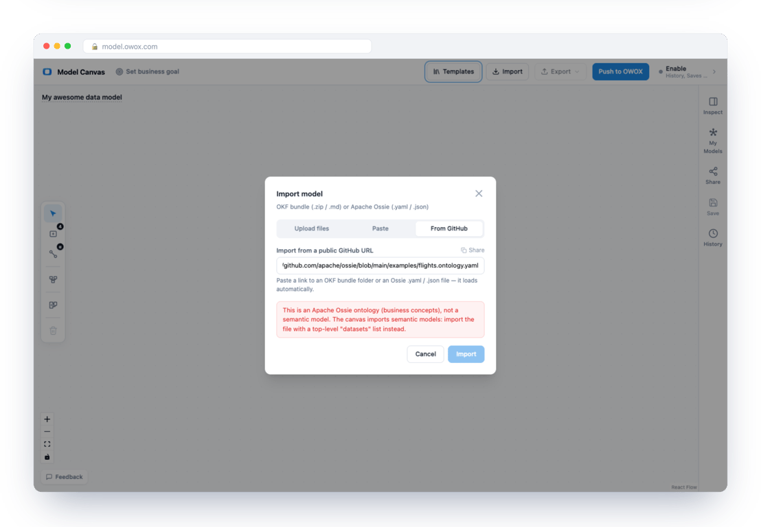 Import dialog refusing the Flights ontology file: it holds business concepts, not a semantic model