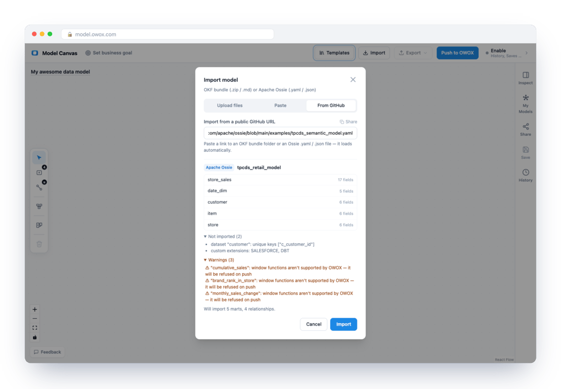 Import dialog for the official Apache Ossie TPC-DS example, listing five datasets, two items not imported and three warnings