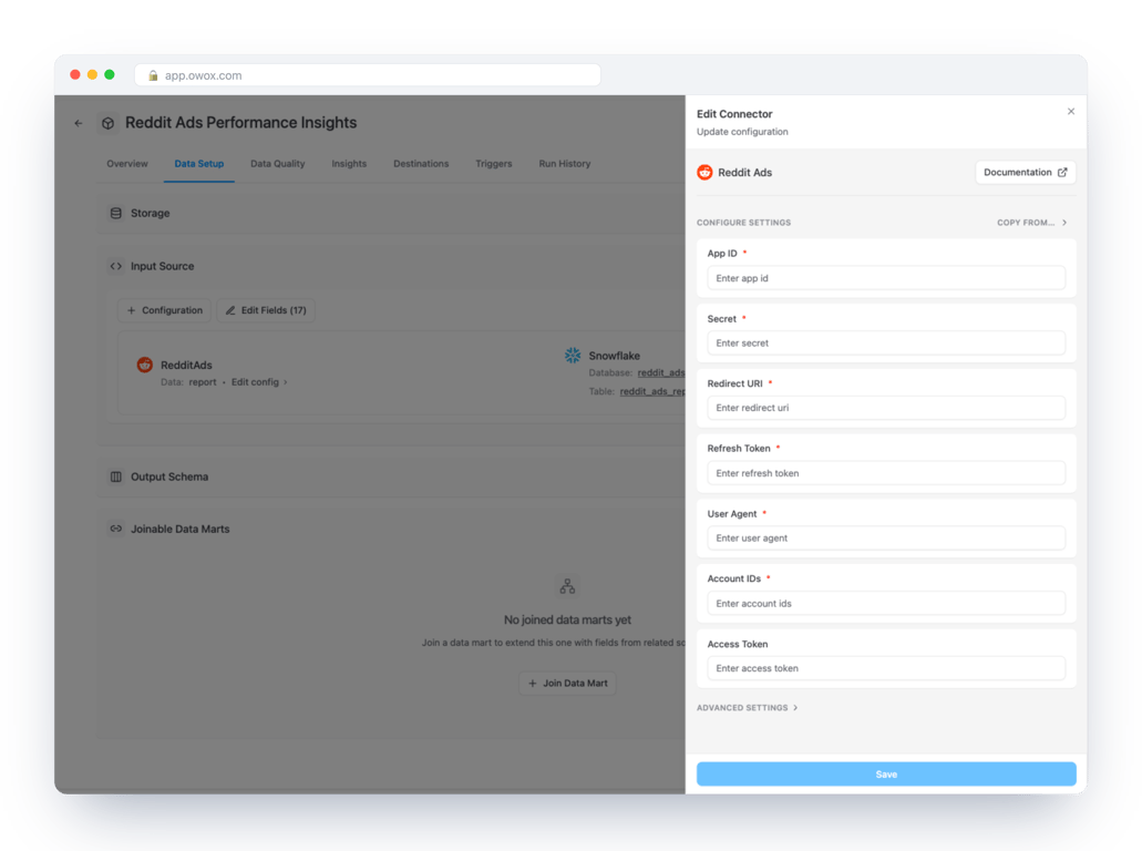 Edit Connector form for Reddit Ads in OWOX Data Marts on a Snowflake Data Mart, with required fields for App ID, Secret, Redirect URI, Refresh Token, User Agent and Account IDs, and an optional Access Token – Reddit is connected with your own app credentials