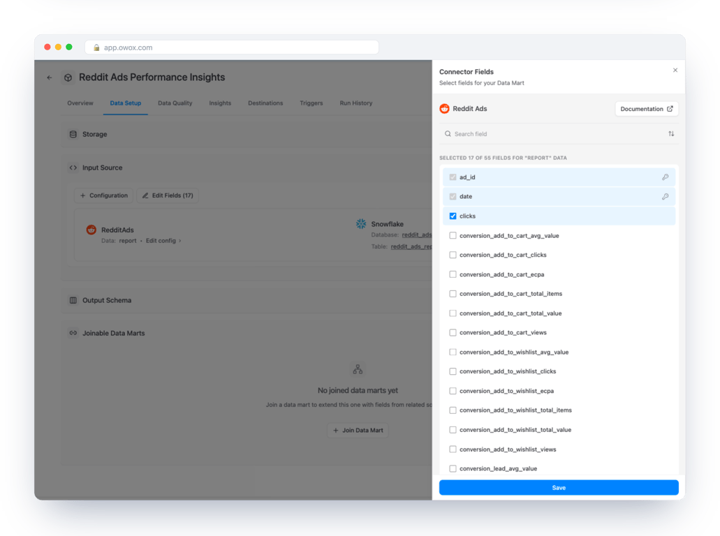 Connector Fields panel for Reddit Ads in OWOX Data Marts with 17 of 55 fields selected for the report endpoint, ad_id and date locked as keys, and a long list of conversion fields for add to cart, add to wishlist, lead and purchase – conversions come as separate columns per event type