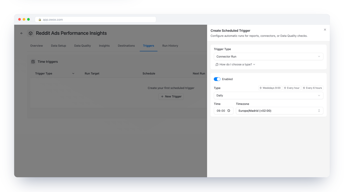 Create Scheduled Trigger form in OWOX Data Marts on the Reddit Ads Data Mart, with trigger type Connector Run, a daily schedule at 09:00 and a time zone – the load repeats without anyone starting it