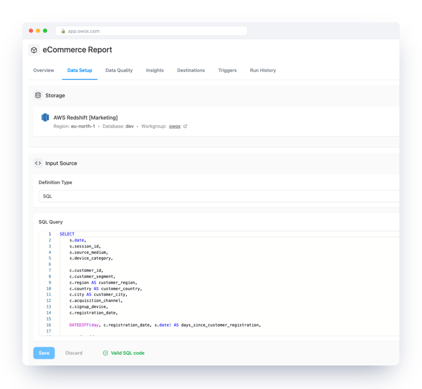 Data Setup of a SQL Data Mart in OWOX Data Marts on an AWS Redshift storage, showing the region, database and Serverless workgroup and the query with a “Valid SQL code” check – the definition every report will read