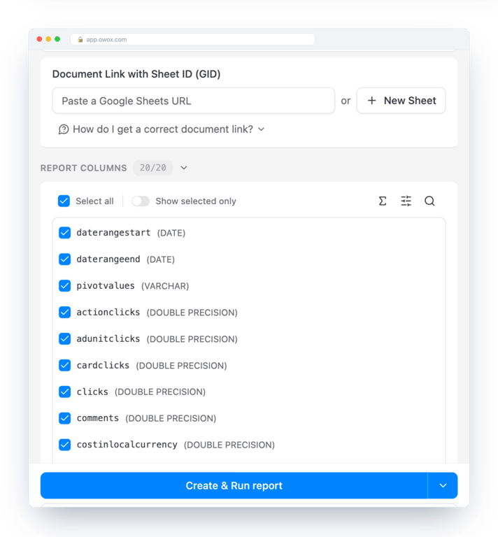 New Google Sheets report form in OWOX Data Marts on a Redshift Data Mart, asking for the document link with sheet ID and listing the columns to include with their Redshift types – a report is a choice of columns from one definition
