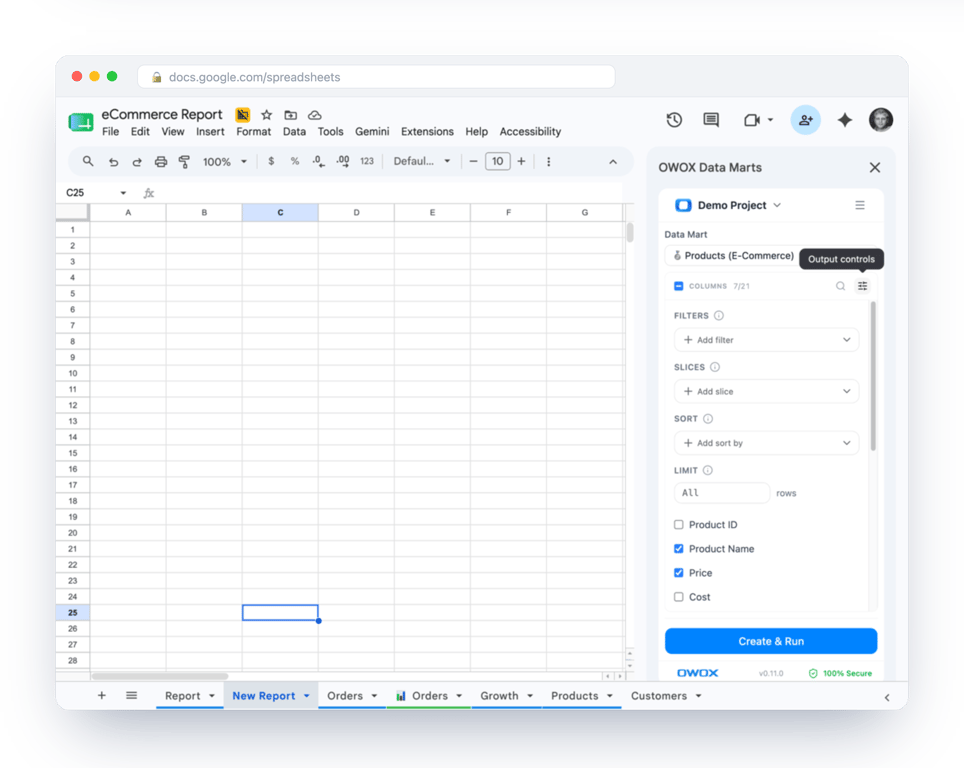 OWOX Data Marts extension open in Google Sheets with a Data Mart selected and controls for columns, filters, slices, sort and row limit – a business user builds their own pull from a published definition