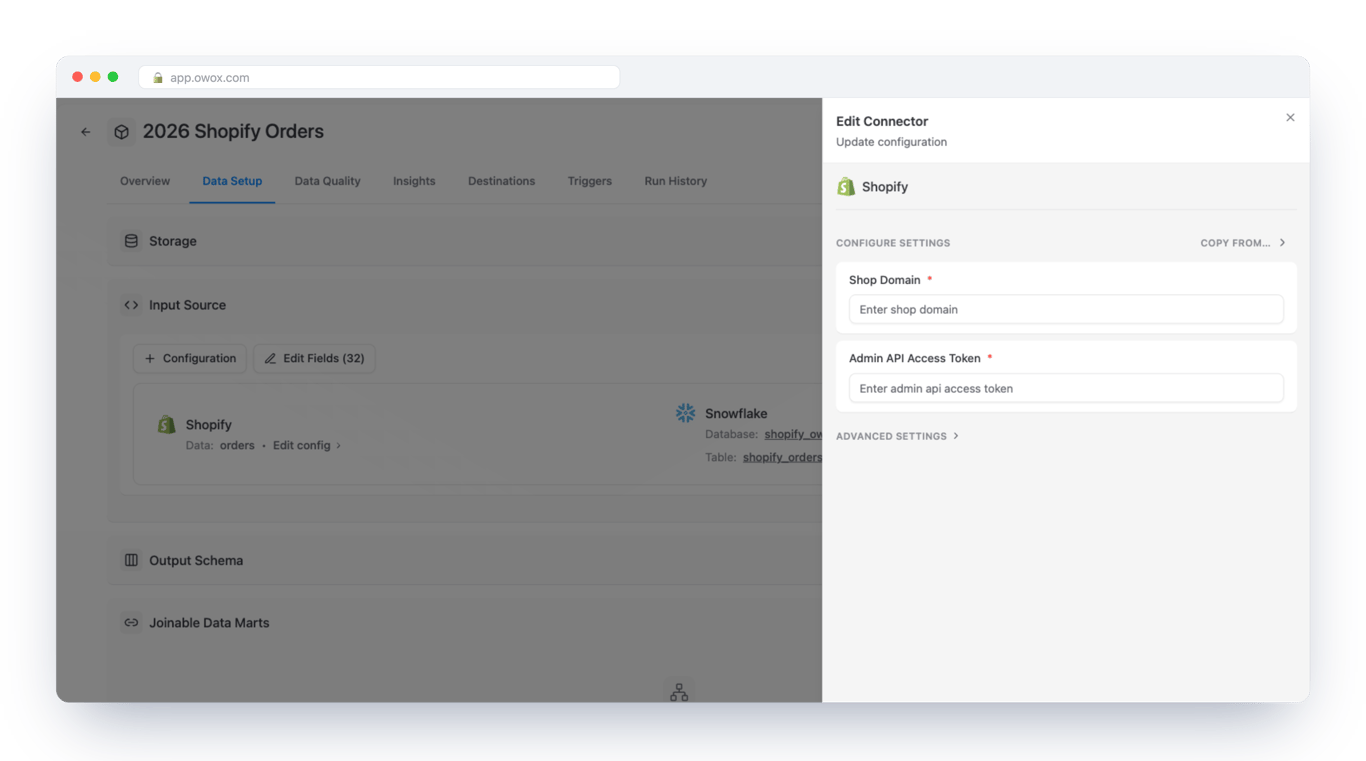 Edit Connector form for Shopify in OWOX Data Marts on a Snowflake Data Mart, with two required fields, Shop Domain and Admin API Access Token – a store is connected with its address and one token