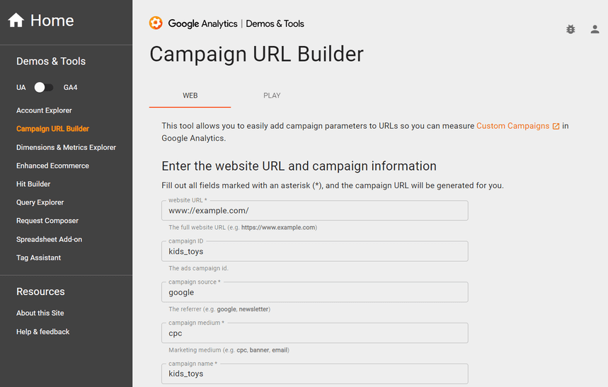 Google Campaign URL Builder interface with fields for creating UTM tagged links.