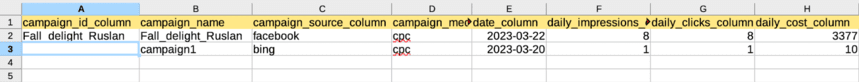 Campaign data spreadsheet highlighting missing campaign ID.