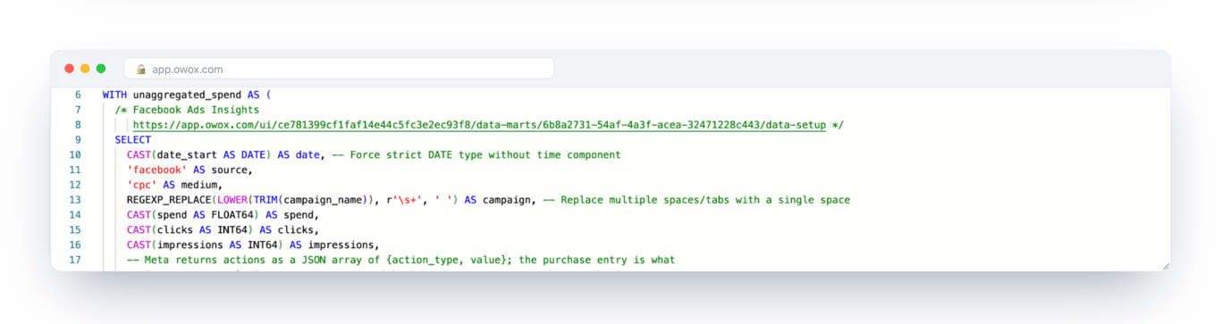 The SQL behind the Unified Ad Spend Data Mart in OWOX Data Marts, reading the Facebook Ads connector table and normalising campaign names