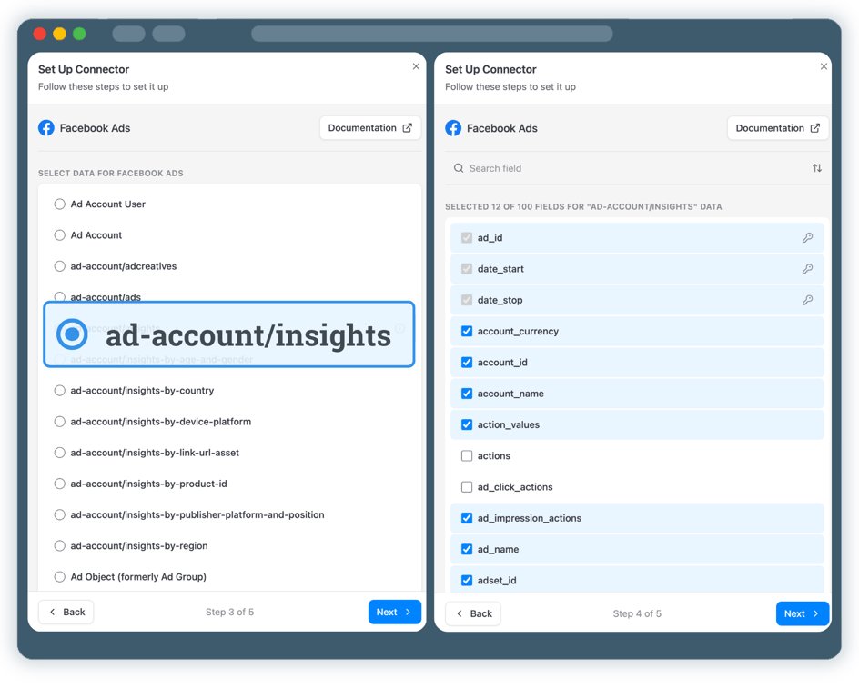 Step 3: Select Facebook Ads API Endpoint & Fields