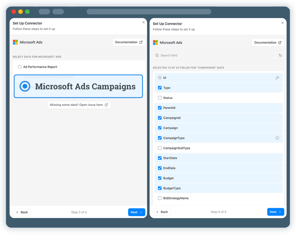 Step 3: Select Bing Ads API Endpoint & Fields