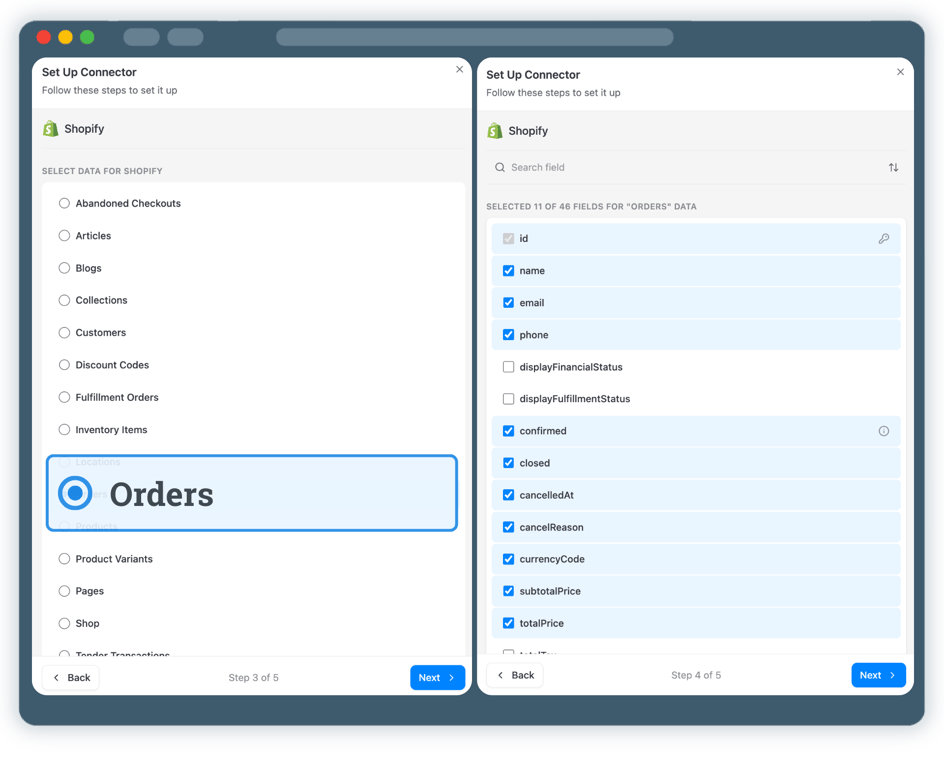 Step 3: Select Shopify Database & Fields