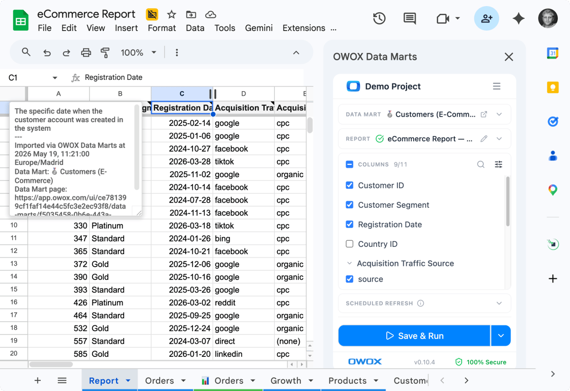 The report dialog in OWOX Data Marts, sending an insight titled “Performance Marketing Insights” to Google Sheets.