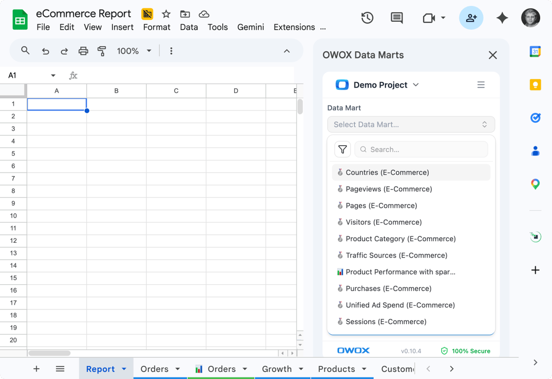 OWOX Data Marts data setup for a Facebook Ads performance data mart, with the SQL behind it and its output routed to Google Sheets.