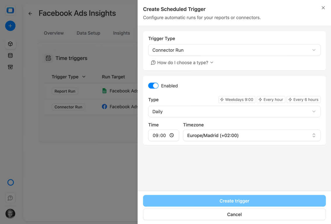The Create Scheduled Trigger dialog in OWOX Data Marts, setting a connector run to repeat daily at 09:00.