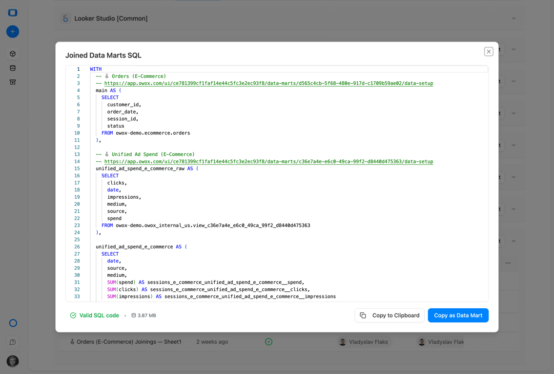 The Joined Data Marts SQL dialog in OWOX Data Marts, showing the generated SQL that joins an orders data mart with unified ad spend and reporting it as valid.