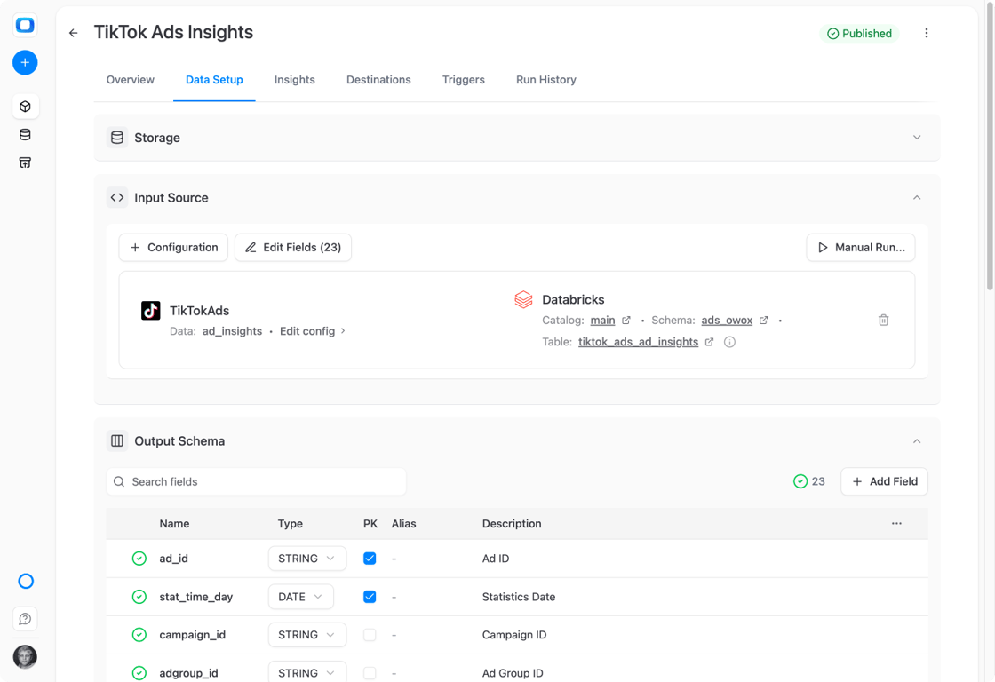 OWOX Data Marts data setup writing a connector’s data into Databricks, with the target database and table shown.