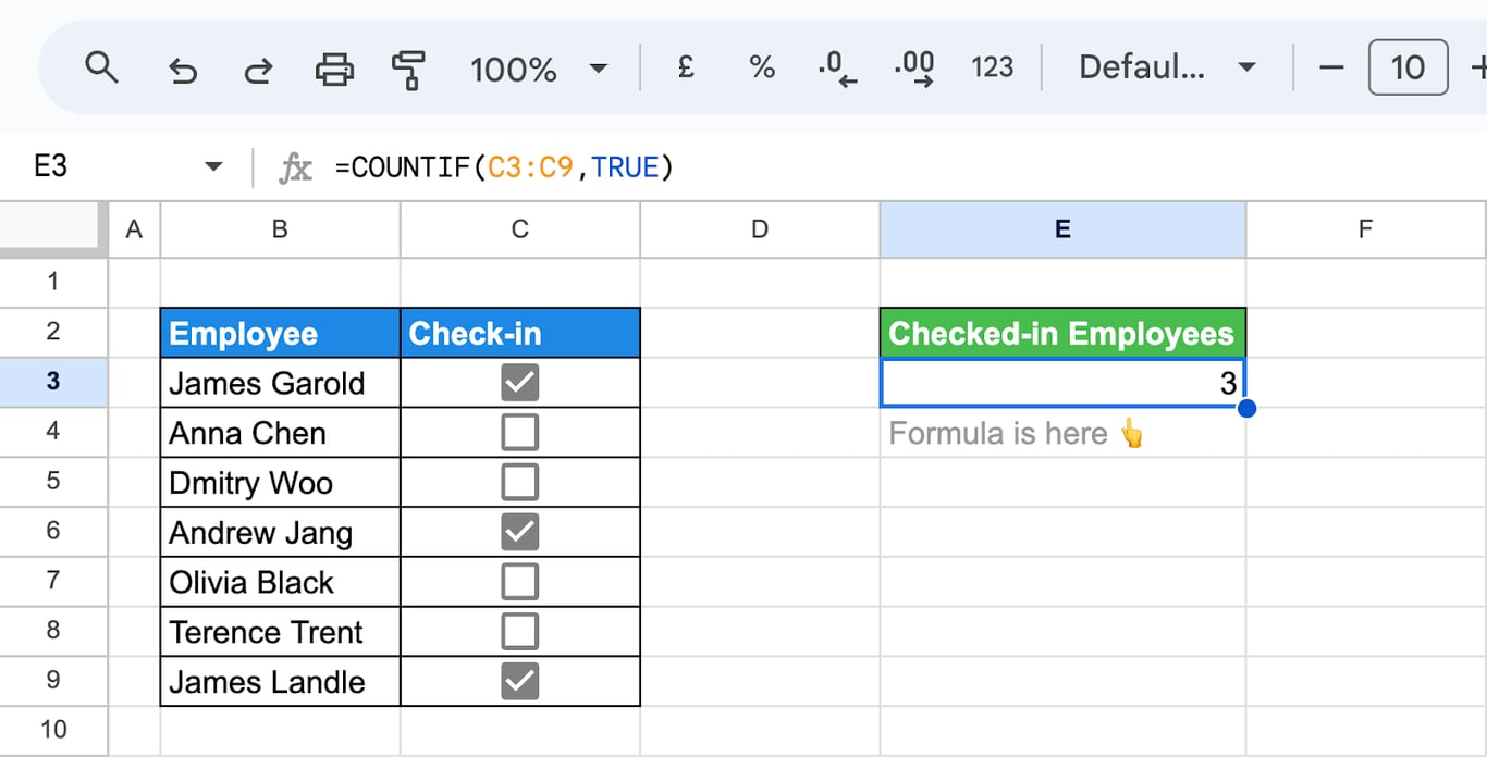 Google Sheets with check-in checkboxes in column C and the formula =COUNTIF(C3:C9,TRUE) returning 3