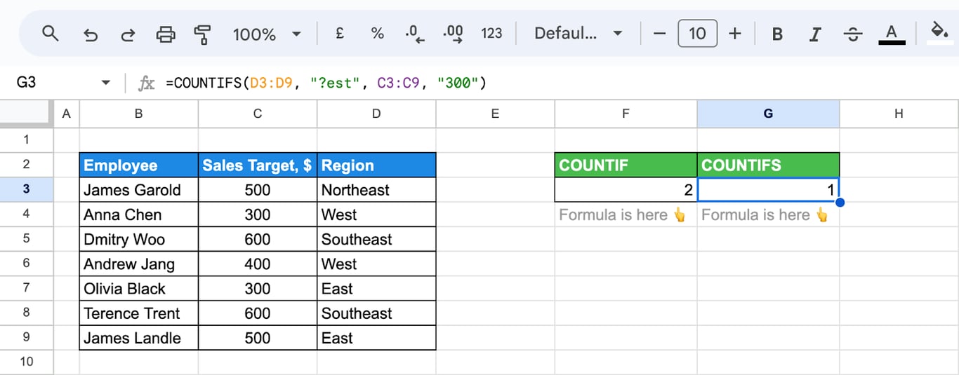 Google Sheets with sales target in column C and region in column D and the formula =COUNTIFS(D3:D9, “?est”, C3:C9, “300”) returning 1