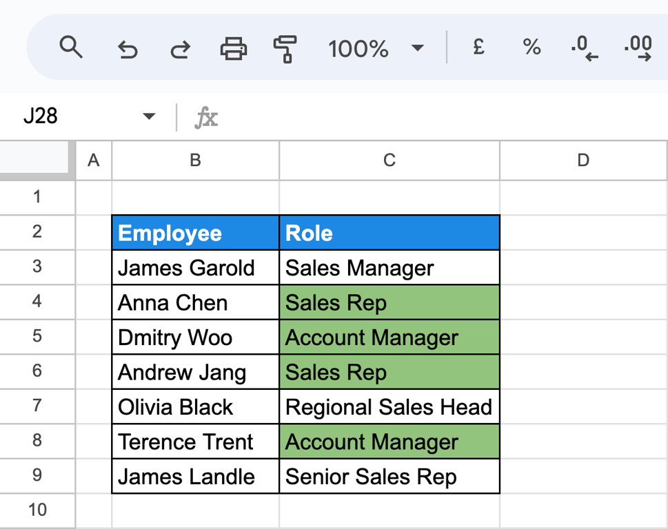 Google Sheets with the roles Sales Rep and Account Manager highlighted in green because they appear more than once