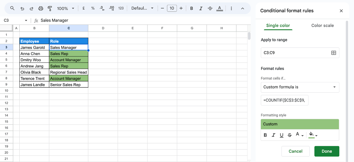 The conditional format rules panel in Google Sheets applied to the range C3:C9 with a custom formula that starts with =COUNTIF($C$3:$C$9