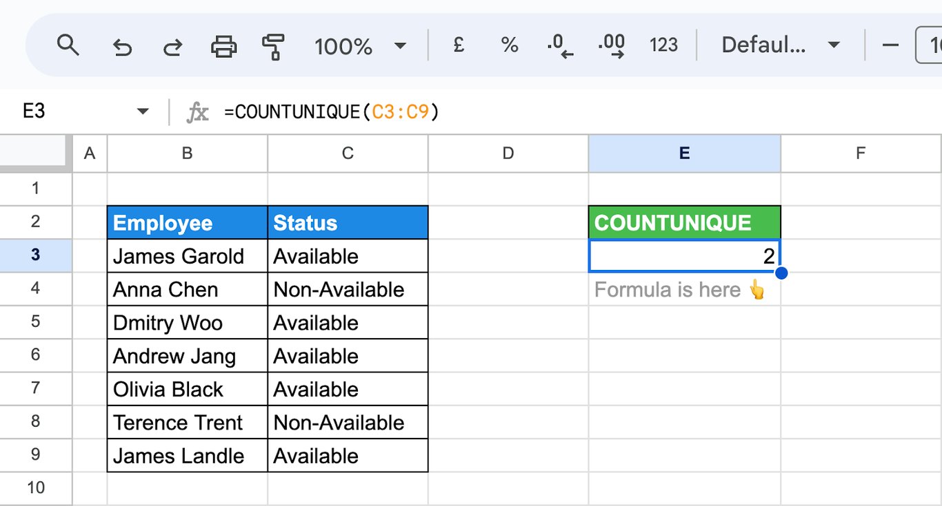 Google Sheets with statuses in column C and the formula =COUNTUNIQUE(C3:C9) returning 2