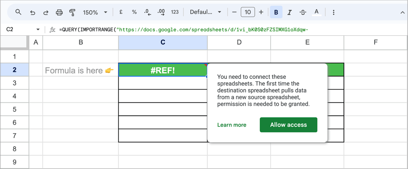 A Google Sheets cell with a #REF! error and the prompt You need to connect these sheets with an Allow access button