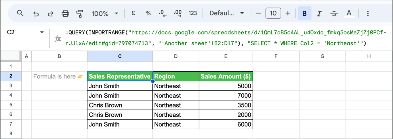 Google Sheets with a QUERY formula over IMPORTRANGE returning the five Northeast sales from another spreadsheet