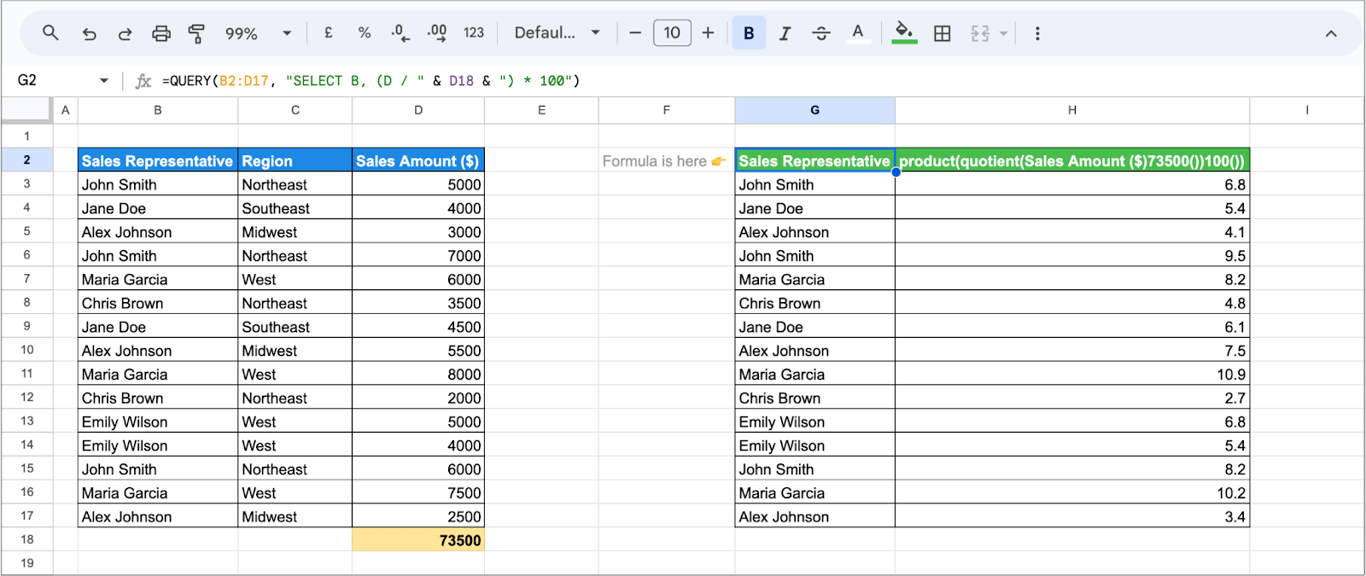 Google Sheets with a QUERY formula returning each sale as a percentage of the total in D18, under a generated header that starts with product(quotient(