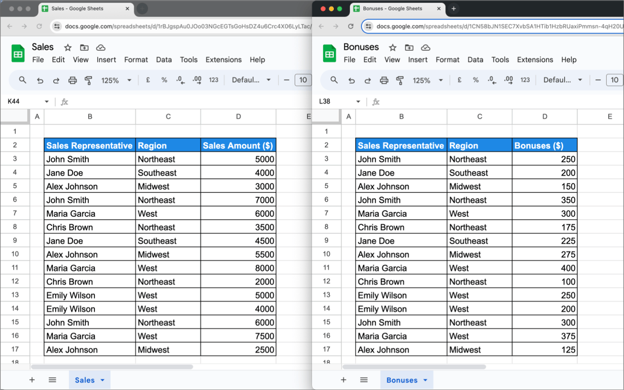 Two Google Sheets files side by side: Sales with representative, region and sales amount, and Bonuses with representative, region and bonus