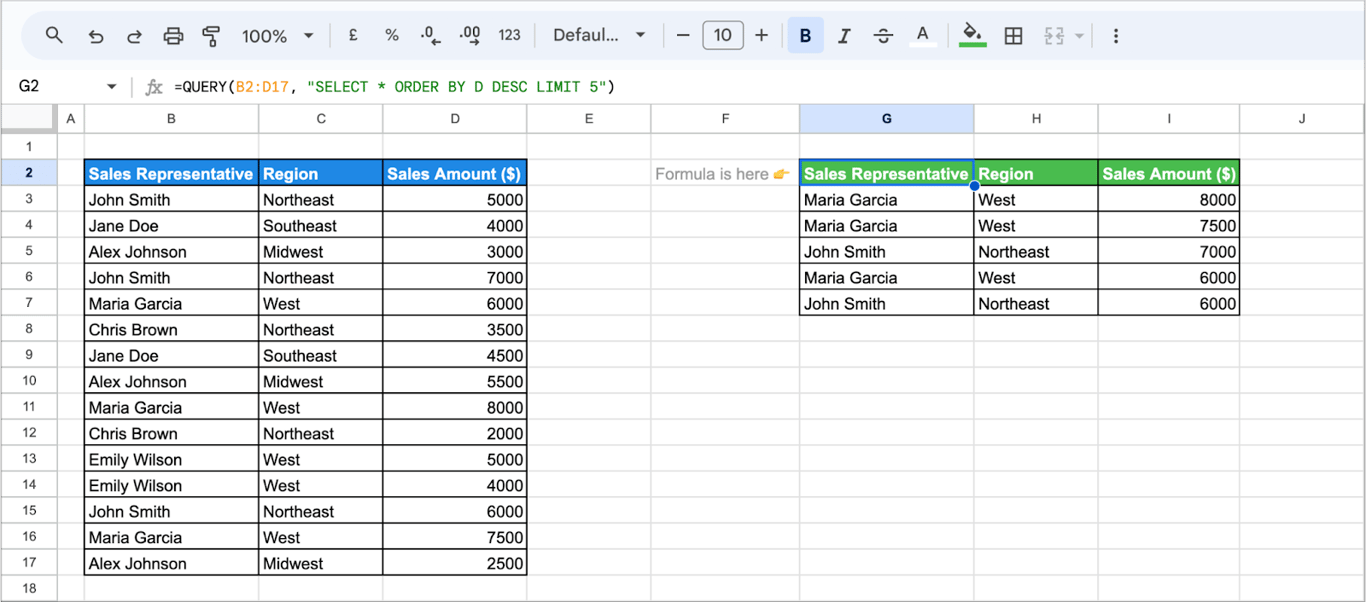 Google Sheets with a QUERY formula returning the five largest sales